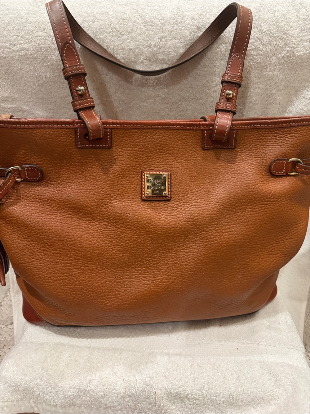 Dooney & Bourke Brown Leather Pebbled Tote with Gold Plaque